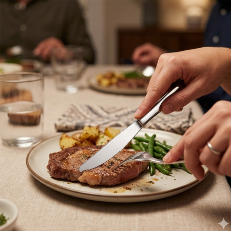 Produto sustentável faca de sobremesa em inox reutilizável da Copopalhinhas para eventos e restauração
