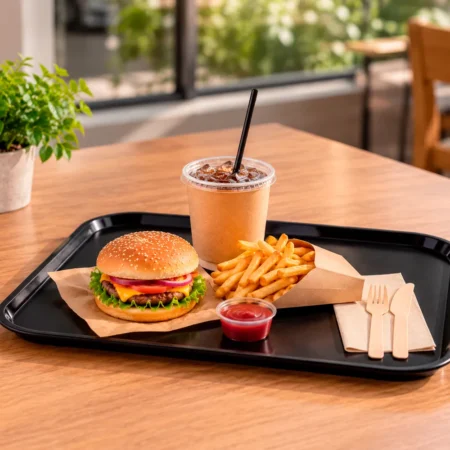 Tabuleiro fast food PP preto reutilizável e antiderrapante da Copopalhinhas