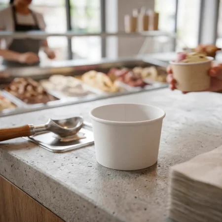Detalhe da taça gelado em cartão branco 20cl Copopalhinhas feita com materiais amigos do ambiente