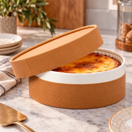 A caixa em cartão premium com tampa 700ml, em castanho e branco, é uma embalagem elegante e altamente resistente, ideal para valorizar sobremesas gourmet e especialidades de pastelaria.