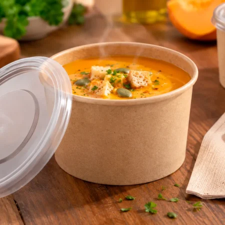 Taça papel kraft para sopa 500ml com tampa PP reutilizável quando em condições adequadas, Copopalhinhas