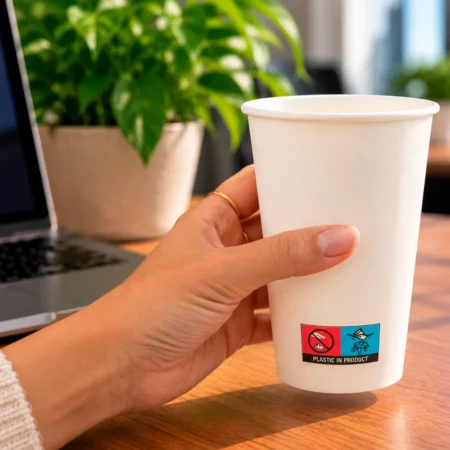 Copo de papel (cartão) branco com diretiva em inglês 35cl (350ml/12oz), resistente e descartável. Ideal para galões, sumos e bebidas quentes ou frias.