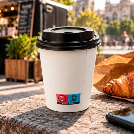 Este Copo de Papel (Cartão) Branco com tampa preta é ideal para bebidas quentes e frias. Perfeito para take-away, eventos e negócios.