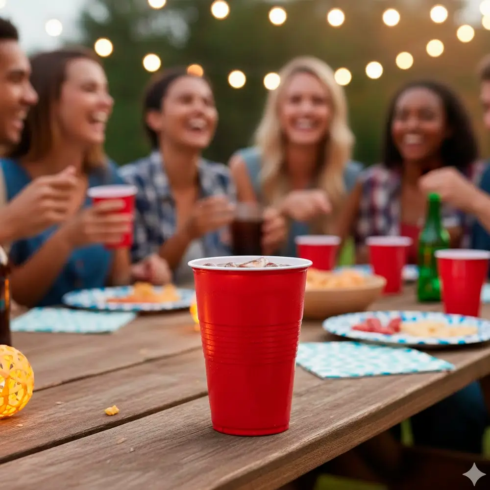 Detalhe do copo em PP vermelho e branco 45cl Copopalhinhas feito com materiais amigos do ambiente