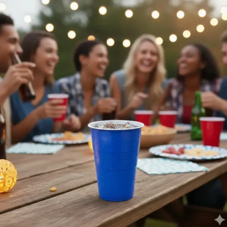 Produto sustentável copo em PP azul e branco 45cl da Copopalhinhas para eventos e restauração