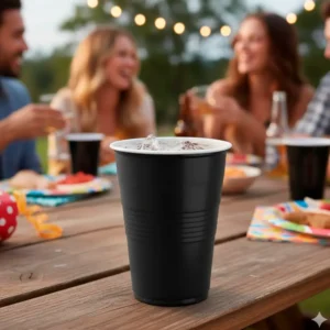 Produto sustentável copo em PP preto e branco 45cl da Copopalhinhas para eventos e restauração