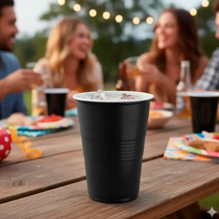 Produto sustentável copo em PP preto e branco 45cl da Copopalhinhas para eventos e restauração