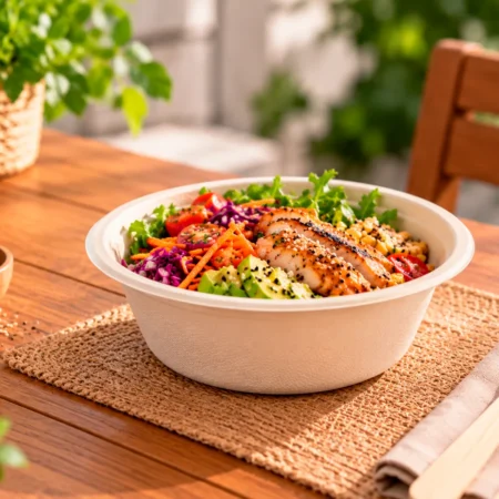 A taça saladeira bagaço 50cl (500ml) é ecológica, resistente e apta a micro-ondas. Com design natural, valoriza saladas, bowls e acompanhamentos.