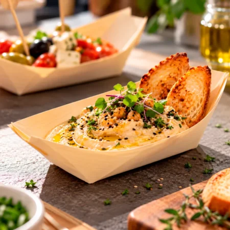 O barco casca pinheiro 17×8,5x2cm dá um toque natural à apresentação. Além disso, é leve e estável, ideal para tapas, sushi e sobremesas.