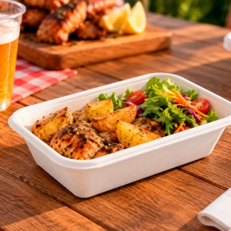A bandeja (travessa) em bagaço branco 95cl (950ml) é resistente, segura e compostável EN13432.