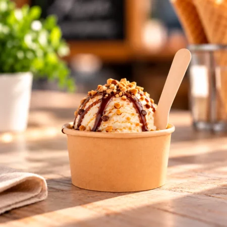 A Taça Gelado em Cartolina 7cl (70ml) oferece uma forma prática e ecológica de servir pequenas porções de gelado ou outras sobremesas frias.