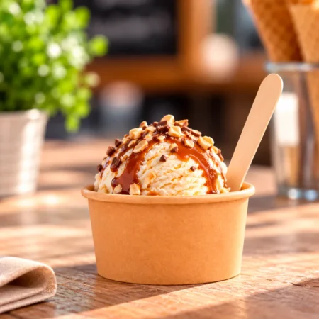 A Taça Gelado em Cartolina 9cl (90ml) oferece uma forma prática e eco-friendly de servir pequenas porções de gelado ou outras sobremesas frias.