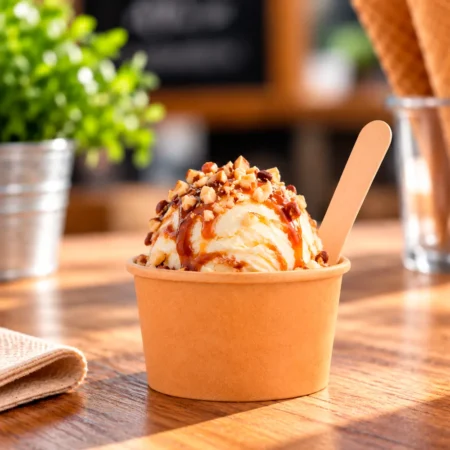 Taça Gelado em Cartolina 12cl (120ml) oferece uma solução prática e sustentável para servir pequenas porções de gelados e outras sobremesas frias
