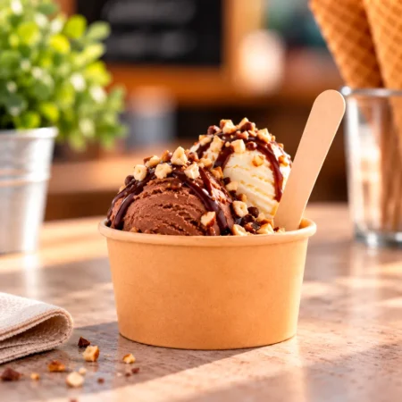 A Taça Gelado em Cartolina 15cl (150ml) surge como a escolha prática e sustentável para servir gelados e outras sobremesas frias.