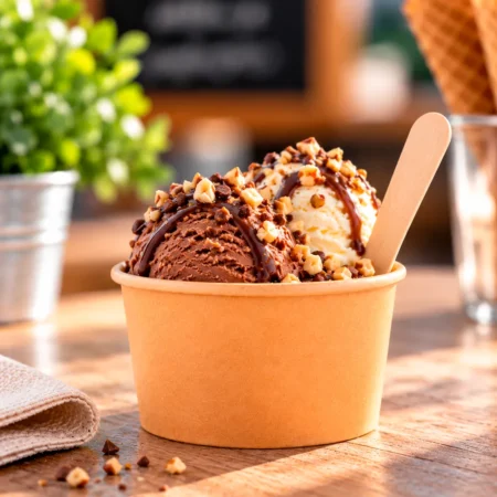 A Taça Gelado em Cartolina 18cl (180ml) apresenta uma forma prática e sustentável de servir gelados ou outras sobremesas frias.