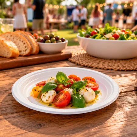 O prato de papel 18cm em cartão FSC® realça a apresentação e acelera o serviço em eventos, catering e restauração.