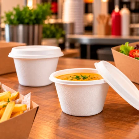 Pote bagaço 120ml (12cl) branco com tampa. Mini recipiente biodegradável para molhos, toppings, sobremesas e degustações. Seguro para contacto alimentar e ideal para takeaway e eventos.