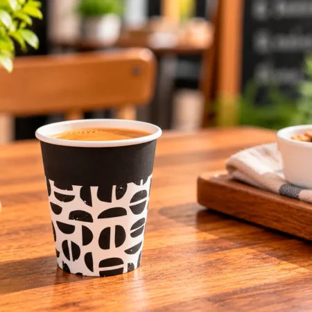 O copo de papel Java, com capacidade de 24cl (240ml) e tons de preto e branco, destaca-se pela sua funcionalidade e pelo cumprimento das normas de contacto com alimentos.