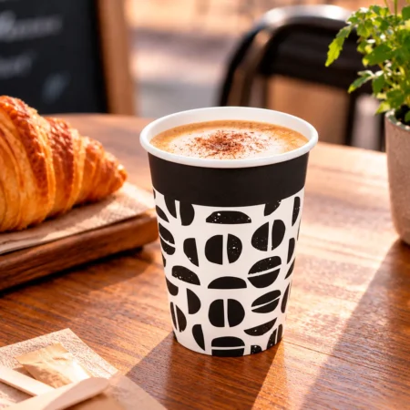 O copo de papel Java, com capacidade de 36cl (360ml) e tons de preto e branco, destaca-se pela sua funcionalidade e pelo cumprimento das normas de contacto com alimentos. Inclui a impressão da Diretiva da UE (Decreto-Lei n.º 78/2021), assegurando conformidade legal e confiança ao utilizador.