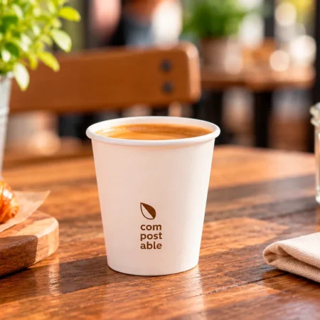 O copo de papel “Compostable” branco, com capacidade de 24cl (240ml), destaca-se pela sua funcionalidade e pelo cumprimento das normas de contacto com alimentos.