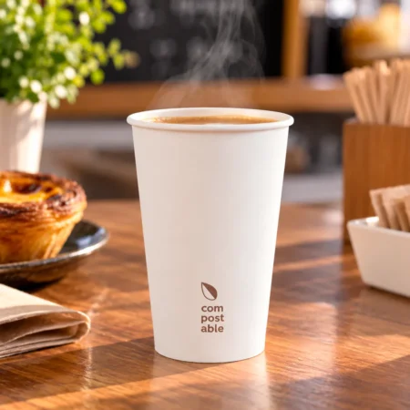 O copo de papel “Compostable” branco, com capacidade de 48cl (480ml), destaca-se pela sua funcionalidade e pelo cumprimento das normas de contacto com alimentos.