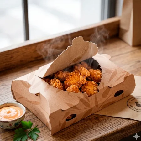 Detalhe da caixa em cartão nano-micro para comida frita Copopalhinhas feita com materiais amigos do ambiente