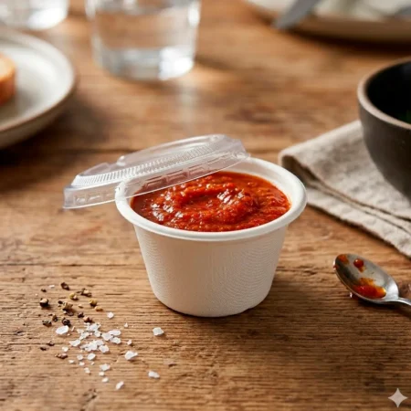 Produto sustentável mini pote bagaço branco 6cl da Copopalhinhas para molhos e aperitivos