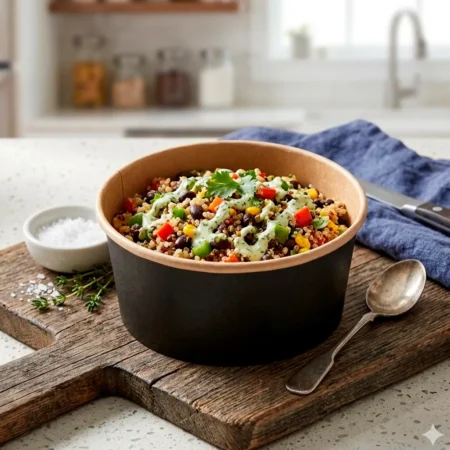 Detalhe da saladeira kraft preta 1L Copopalhinhas feito com materiais amigos do ambiente