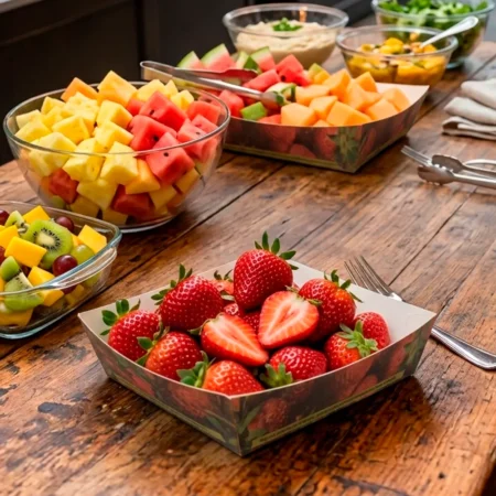 Produto sustentável barqueta morangos em cartão da Copopalhinhas para eventos e restauração