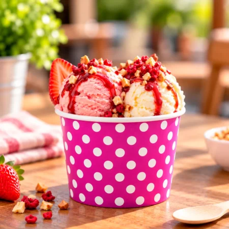 O Copo Gelado de Papel (Cartão) Rosa 36cl (360ml/12oz) apresenta-se como uma solução prática e sustentável para servir gelados ou outras sobremesas frias.