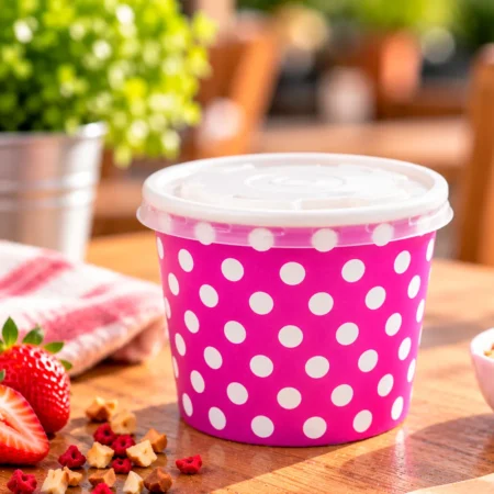 O Copo Gelado de Papel (Cartão) Rosa com Tampa 36cl (360ml/12oz) apresenta-se como uma solução prática e apelativa para servir gelados ou outras sobremesas frias.