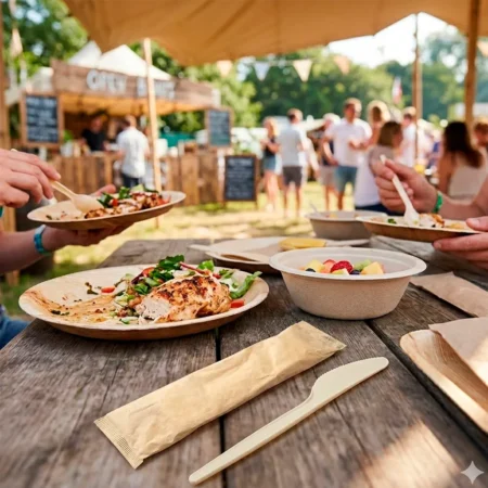 Faca reutilizável em saqueta de papel, com embalagem individual. Solução higiénica, prática e com imagem eco-friendly para take-away, catering e eventos.