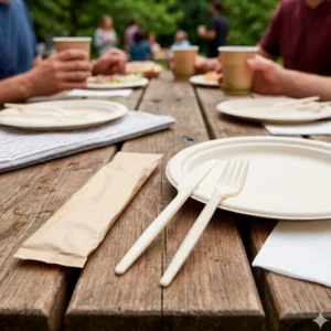 Kit garfo faca reutilizáveis com guardanapo em saqueta de papel, selado em embalagem individual. Higiene, rapidez e apresentação eco-friendly para take-away e eventos.