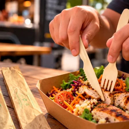 Faca madeira 16,5cm em embalagem individual em papel. Talher descartável, higiénico e ecológico, apto para contacto alimentar, ideal para restauração, hotelaria e catering.
