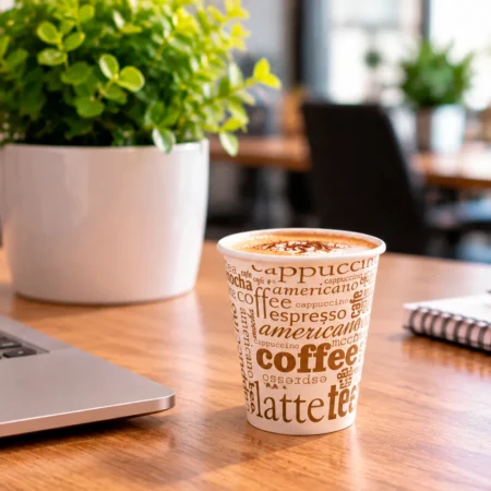 O Copo de Papel (Cartão) Cappuccino com Diretiva UE 24cl (240ml/8oz) alia design inspirador, conformidade ambiental e praticidade para servir café, chá e outras bebidas quentes.