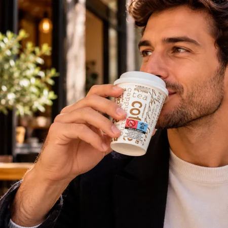 O Copo de Papel (Cartão) Cappuccino Tampa Branca com Diretiva UE 24cl (240ml/8oz) alia praticidade, versatilidade e responsabilidade ambiental