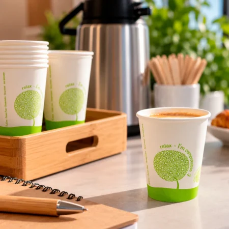 O Copo de Papel (Cartão) 100% Bio Relax Branco 24cl (240ml/8oz) alia sustentabilidade, design moderno e praticidade, sendo perfeito para servir bebidas quentes ou frias.