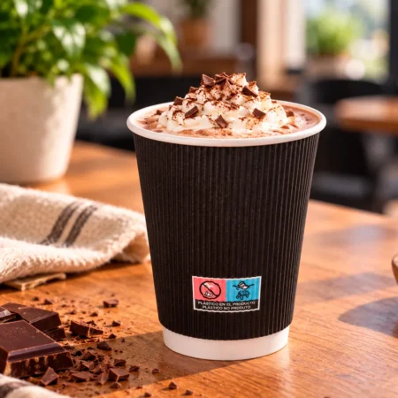 Copo de papel ondulado preto 35cl, resistente e descartável. Ideal para cafés, chás e sumos. Design ergonómico e sofisticado.