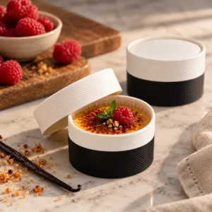 Detalhe da caixa de cartão premium com tampa Copopalhinhas em papel com acabamento preto e branco