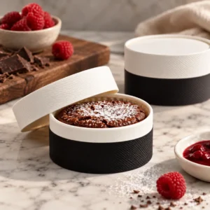 A caixa em cartão premium com tampa 200ml preto e branco, é uma embalagem elegante e altamente resistente, apta para utilização no forno, ideal para valorizar sobremesas gourmet e especialidades de pastelaria.