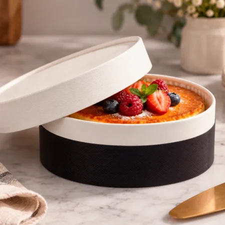 A caixa em cartão premium com tampa 700ml é uma solução de embalagem sofisticada, resistente e versátil, desenvolvida para valorizar a apresentação de sobremesas gourmet, especialidades de pastelaria e produtos artesanais