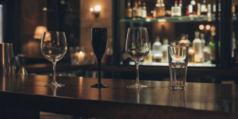Copos reutilizáveis premium em contexto de bar profissional