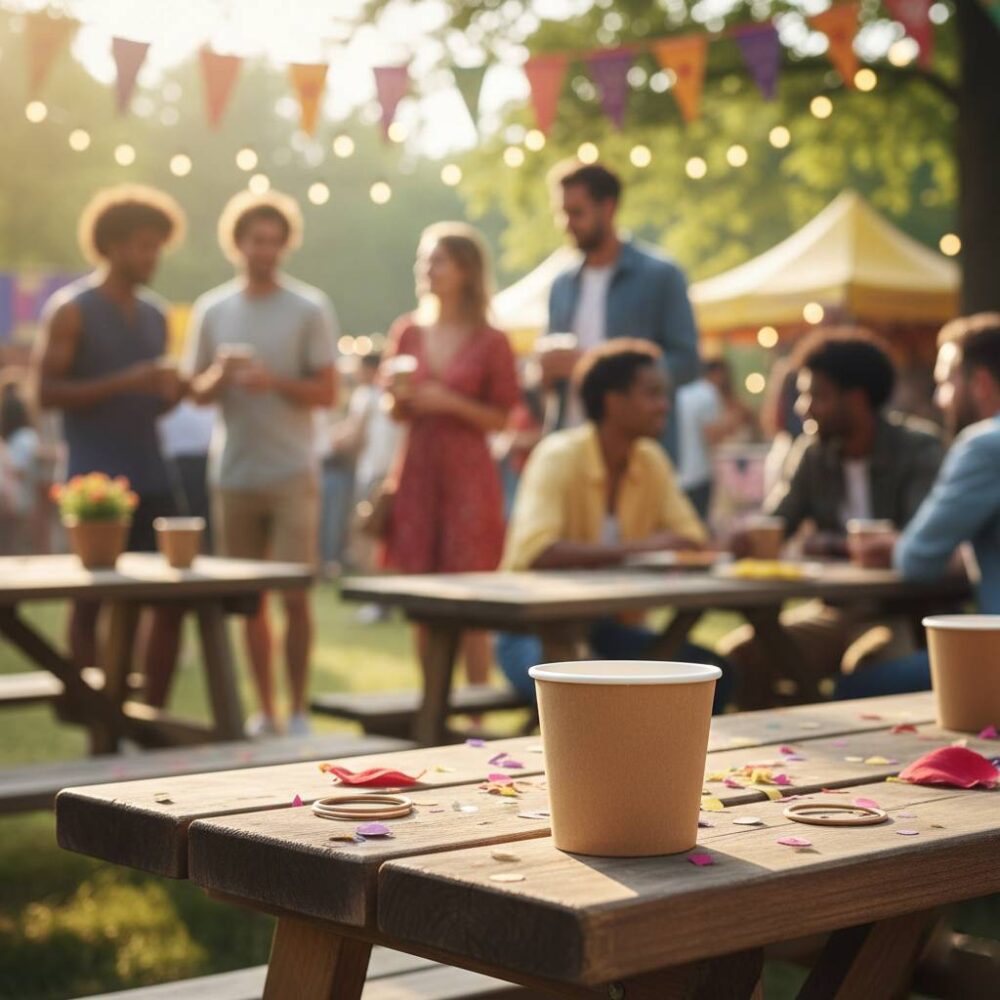 Copos ecológicos utilizados em eventos sustentáveis ao ar livre